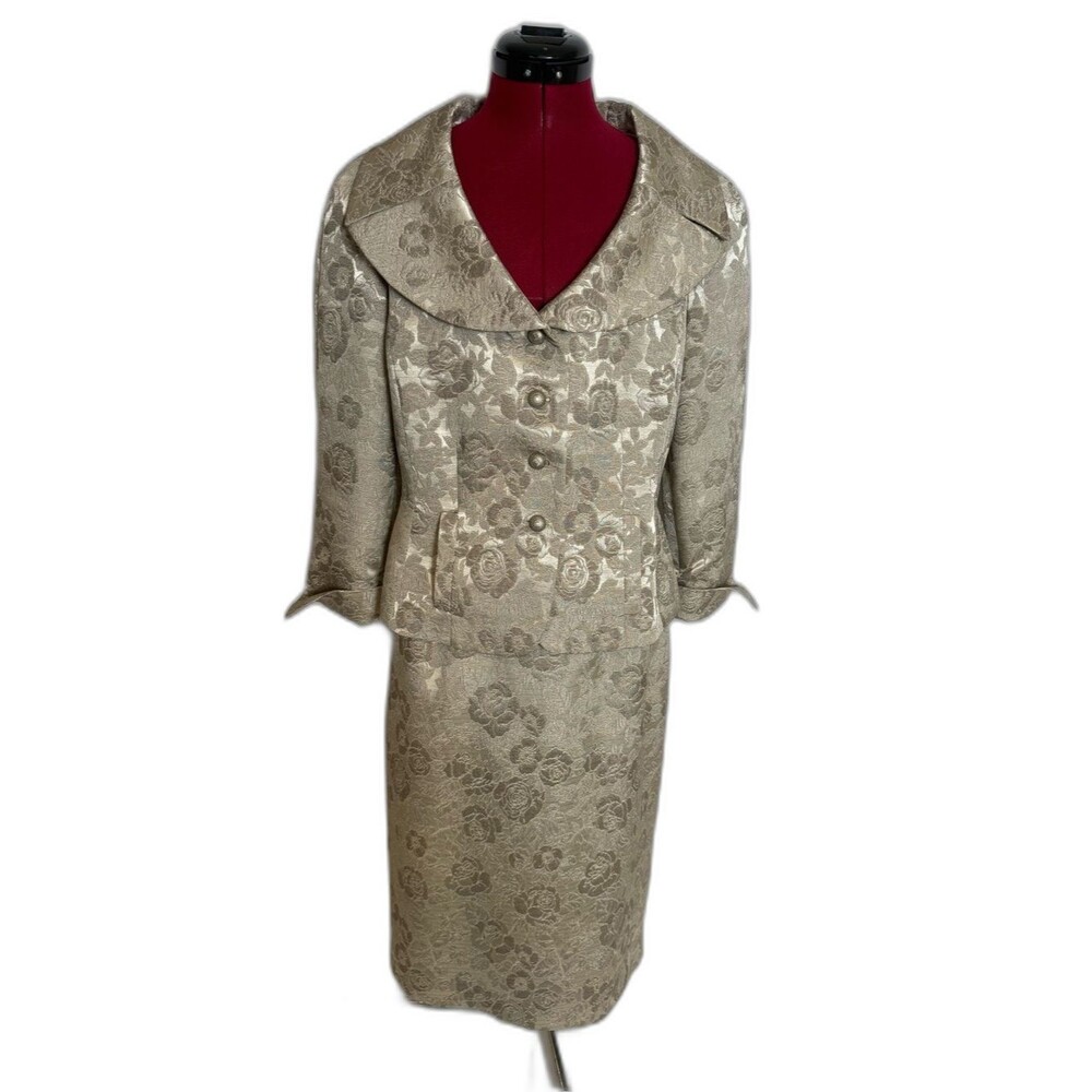 Kasper Skirt Suit Size 8 Champagne Floral Jacquard 2-Piece Set Blazer & Skirt